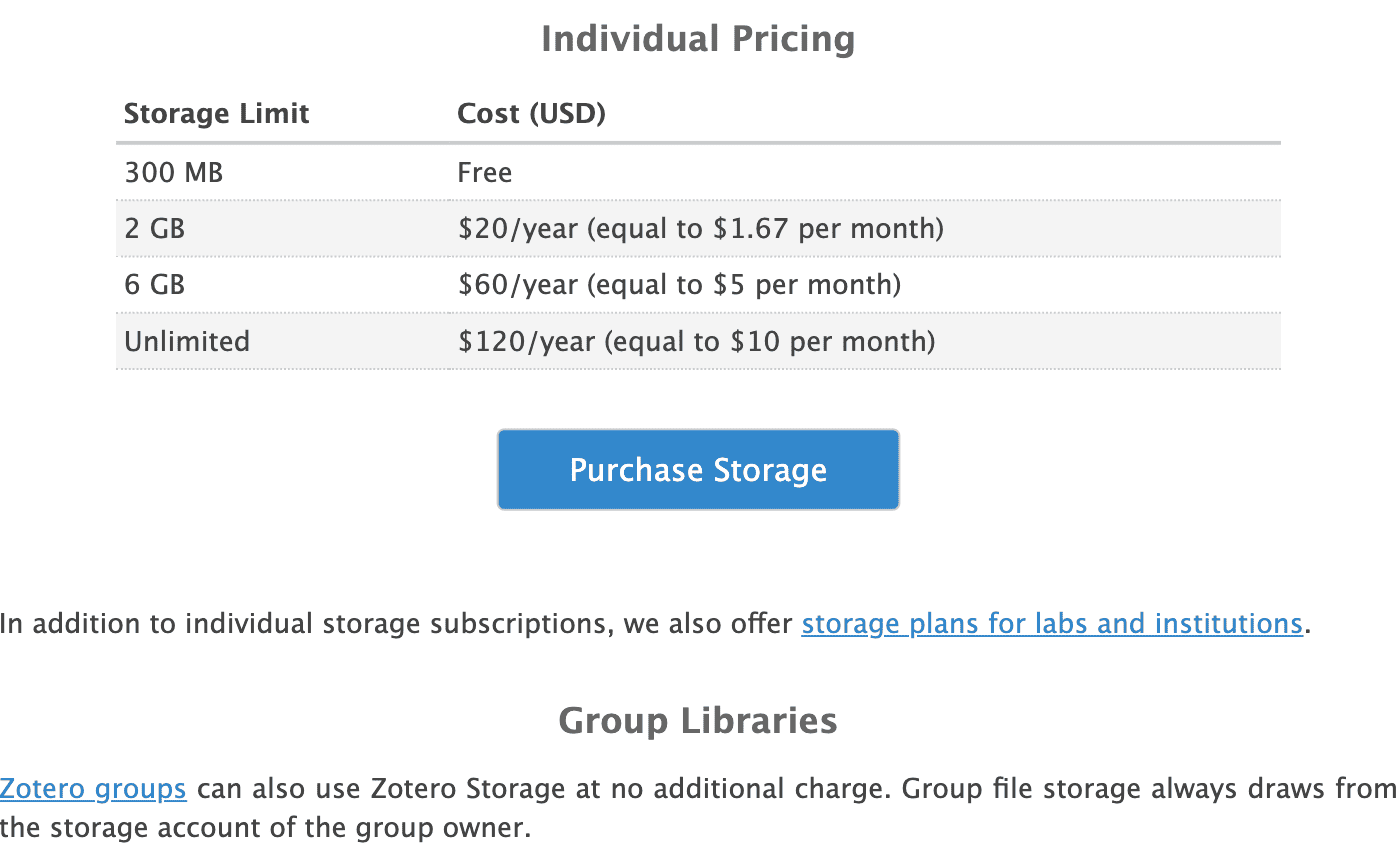 Zotero storage pricing tiers
